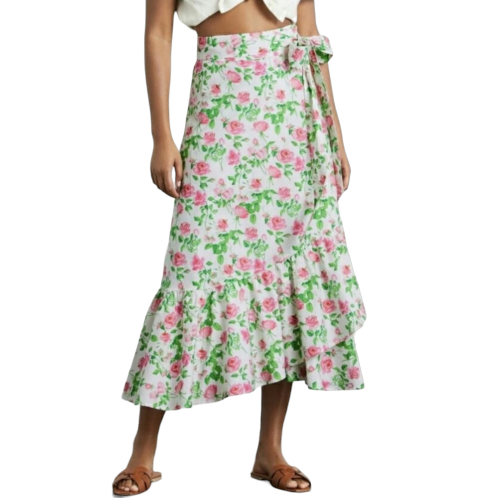 Hill House The Mirabel Skirt Pink Roses Wrap Midi Cotton XS New